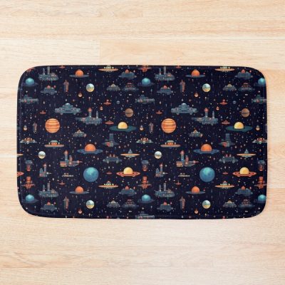 Planets And Spaceships In Space Pixel Art - Gift For Astronomy Lover Bath Mat Official Astronomy Merch