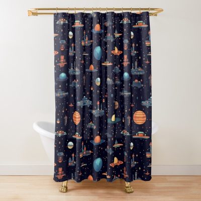 Planets And Spaceships In Space Pixel Art - Gift For Astronomy Lover Shower Curtain Official Astronomy Merch