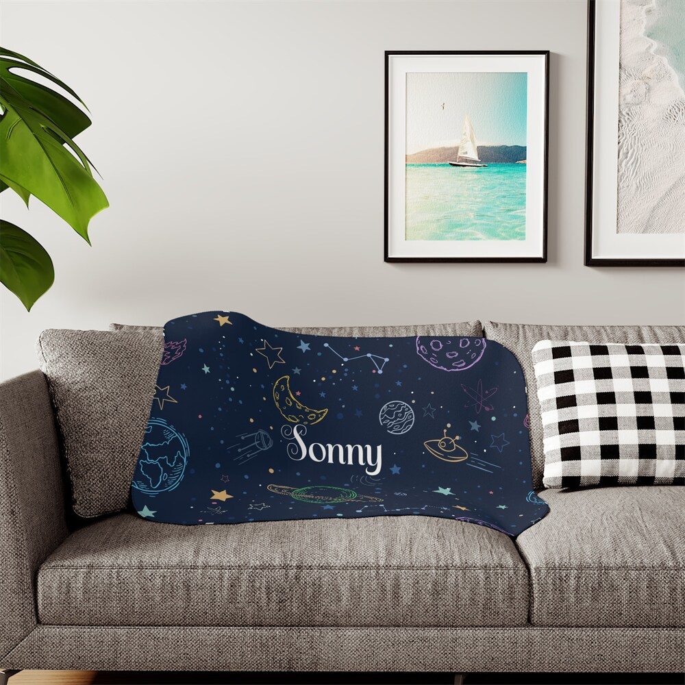 Personalized Blanket- Name Blanket- Space Blanket – Space – Sherpa – Name Pattern Blanket